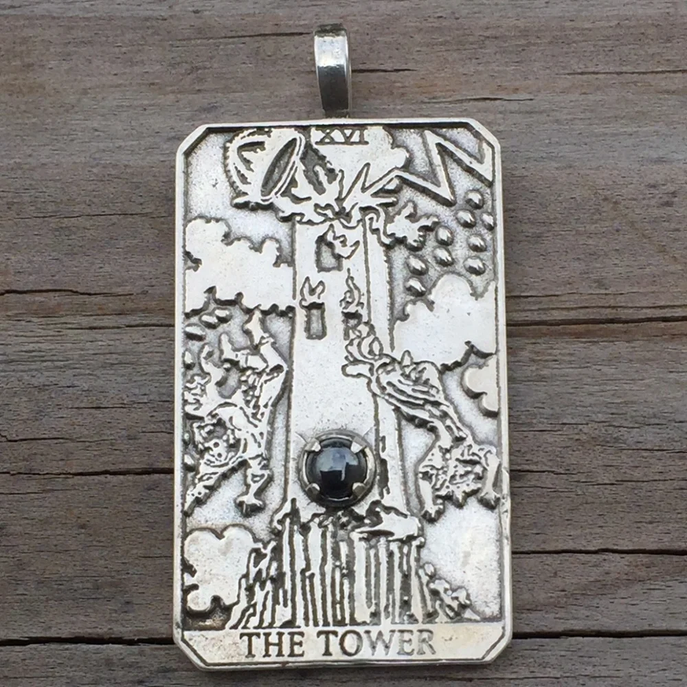 Tower Tarot Card Pendant .925 Sterling Silver w/ genuine Hematite gem USA - Picture 1 of 8